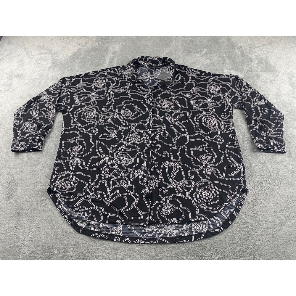 Fred David Womens Large Black White Floral Button Down Shirt Long Sleeve Relaxed